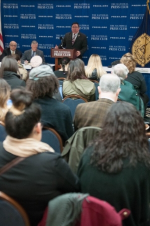 Lawrence G. Romo, director of the United States Selective Service System, discusses latest rules for including all people within the United States into the Selective Service System at a National Press Club Newsmakers on Jan. 29, 2016. Photo/Image: Noel St. John